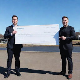 Elon Musk, the billionaire entrepreneur, handing over a giant, novelty cheque to internet personality MrBeast under a clear, sunny sky.