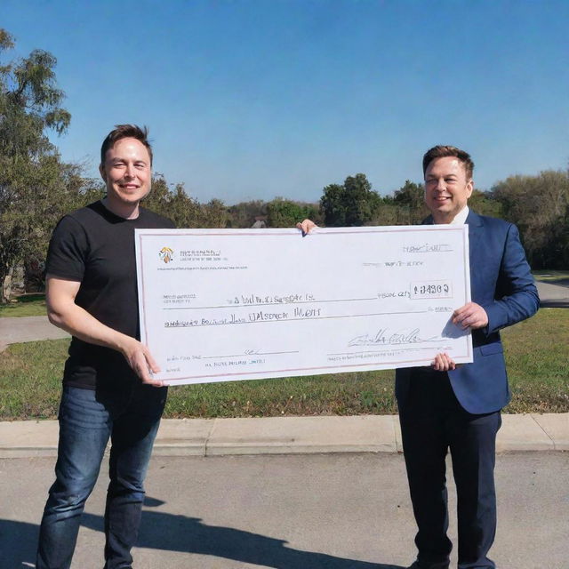 Elon Musk, the billionaire entrepreneur, handing over a giant, novelty cheque to internet personality MrBeast under a clear, sunny sky.