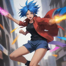 Draw a stunning anime mid-action scene incorporating dynamic colors and high energy characters.