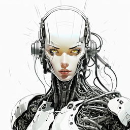 Transform the cartoon style illustration into a sketch. Maintain the surrealism and 23rd century cyborg concept in high-resolution black and white line art with no shading. The cyborg remains focused towards the camera on a white background.