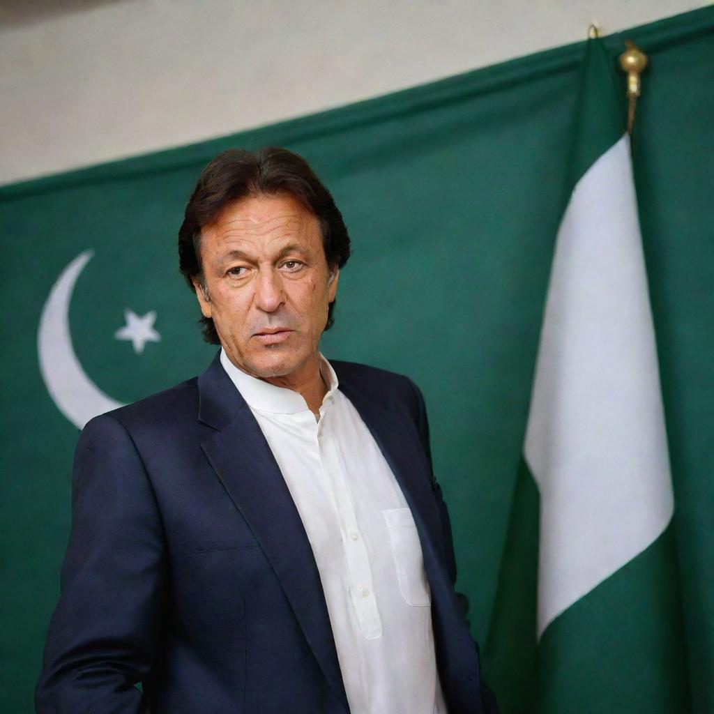 A confident portrait of Imran Khan, the Pakistani politician and former cricketer, standing against the backdrop of Pakistan's national flag.