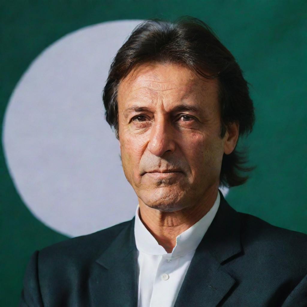 A confident portrait of Imran Khan, the Pakistani politician and former cricketer, standing against the backdrop of Pakistan's national flag.