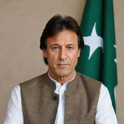 A confident portrait of Imran Khan, the Pakistani politician and former cricketer, standing against the backdrop of Pakistan's national flag.