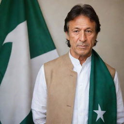 A confident portrait of Imran Khan, the Pakistani politician and former cricketer, standing against the backdrop of Pakistan's national flag.