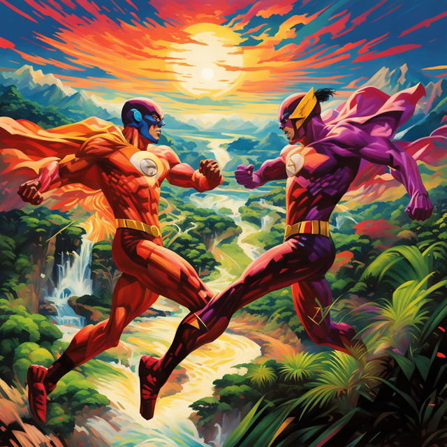 A digital art piece depicting two speedsters battling in Uganda's diverse landscapes during sunset. The hero in red and gold, the villain in purple and black, their movements creating a blur of color and light.