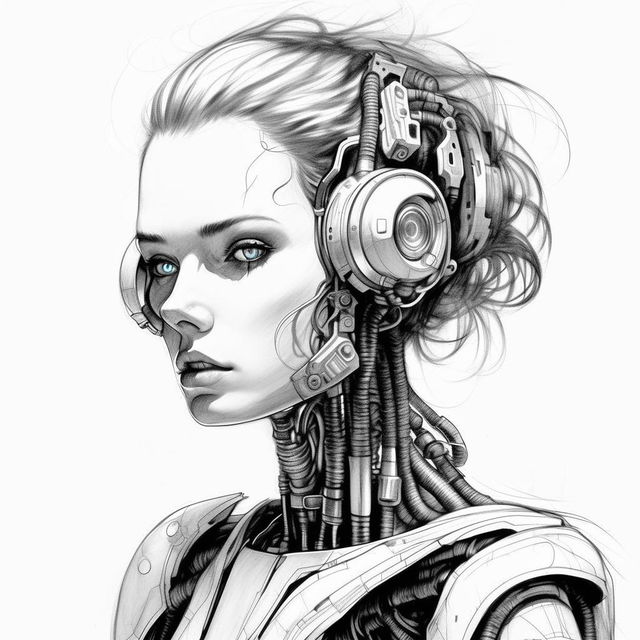 Redesign the image as a black and white pencil sketch, preserving the surrealistic 23rd-century cyborg concept, but transforming the line art style into a more detailed sketch. The cyborg looks directly at the camera against a white background.