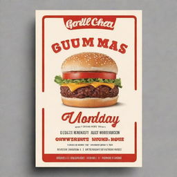 Design a flyer for a burger shop that indicates it is closed on Mondays. The design should be enticing and creative, featuring a juicy and appetizing burger.