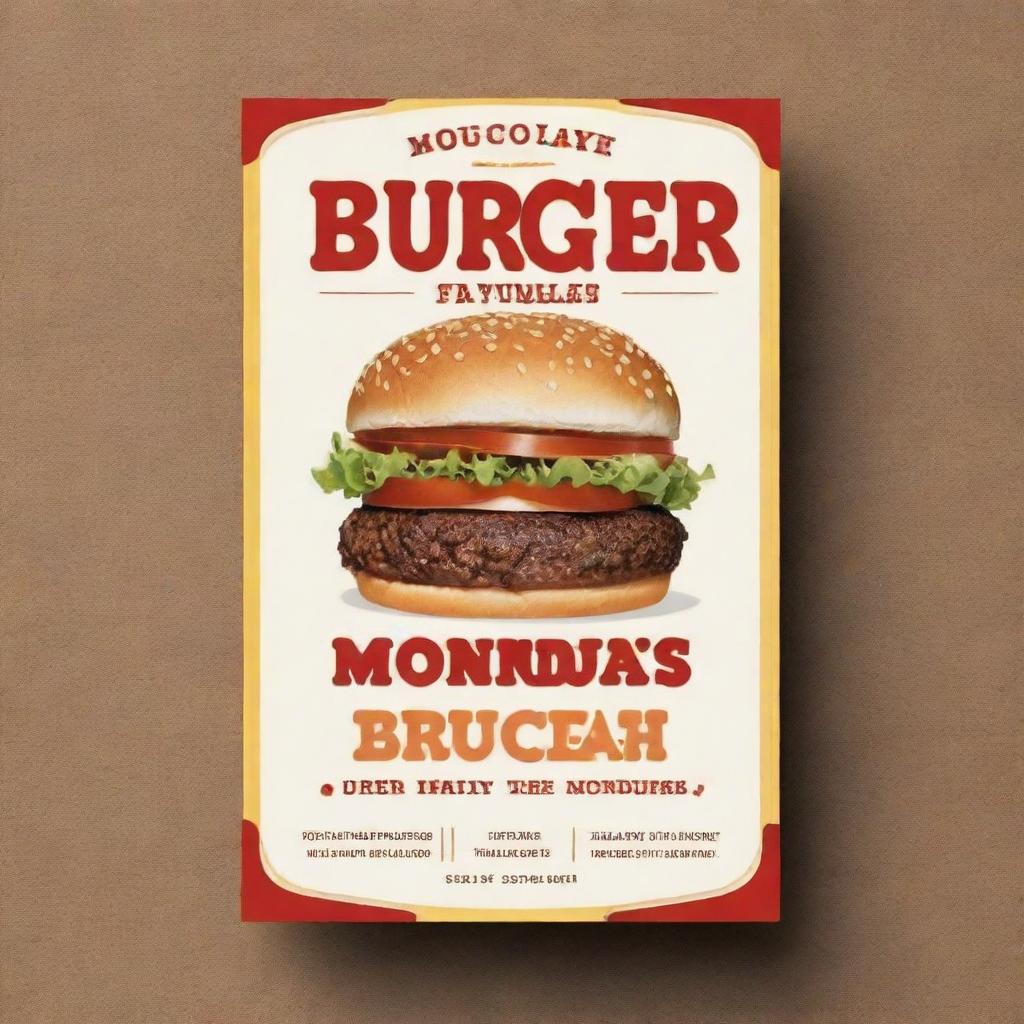 Design a flyer for a burger shop that indicates it is closed on Mondays. The design should be enticing and creative, featuring a juicy and appetizing burger.