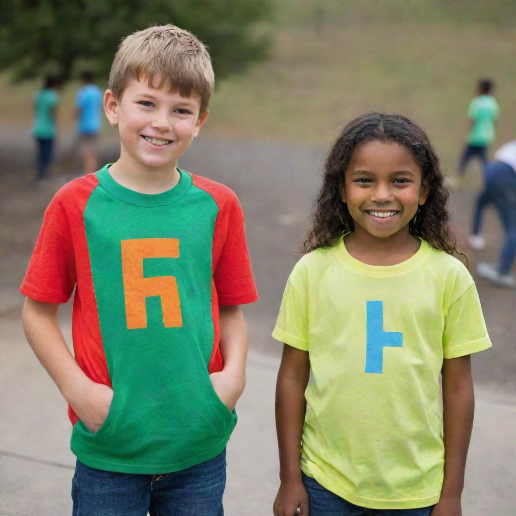 A young boy wearing a bright colored t-shirt with the letter 'F' emblazoned on the front, standing next to a smiling girl in a t-shirt sporting the letter 'A'