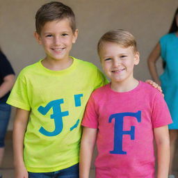 A young boy wearing a bright colored t-shirt with the letter 'F' emblazoned on the front, standing next to a smiling girl in a t-shirt sporting the letter 'A'