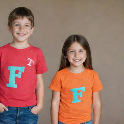 A young boy wearing a bright colored t-shirt with the letter 'F' emblazoned on the front, standing next to a smiling girl in a t-shirt sporting the letter 'A'