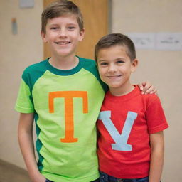 A young boy wearing a bright colored t-shirt with the letter 'F' emblazoned on the front, standing next to a smiling girl in a t-shirt sporting the letter 'A'