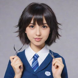 Anime character Urabe from Nazo no Kanojo X, posed dynamically, showcasing her haircut with bangs, school uniform, and her signature drool-covered scissors