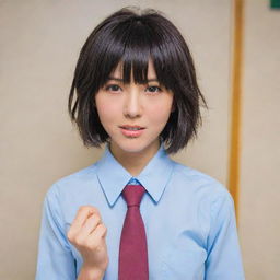 Anime character Urabe from Nazo no Kanojo X, posed dynamically, showcasing her haircut with bangs, school uniform, and her signature drool-covered scissors