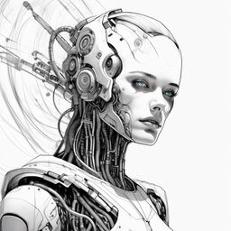 Redesign the image as a black and white pencil sketch, preserving the surrealistic 23rd-century cyborg concept, but transforming the line art style into a more detailed sketch. The cyborg looks directly at the camera against a white background.