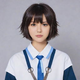 Anime character Urabe from Nazo no Kanojo X, posed dynamically, showcasing her haircut with bangs, school uniform, and her signature drool-covered scissors