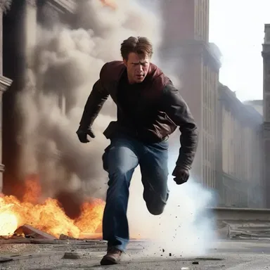 In the action movie, the hero falls back from the exploding building.