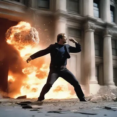 In the action movie, the hero falls back from the exploding building.