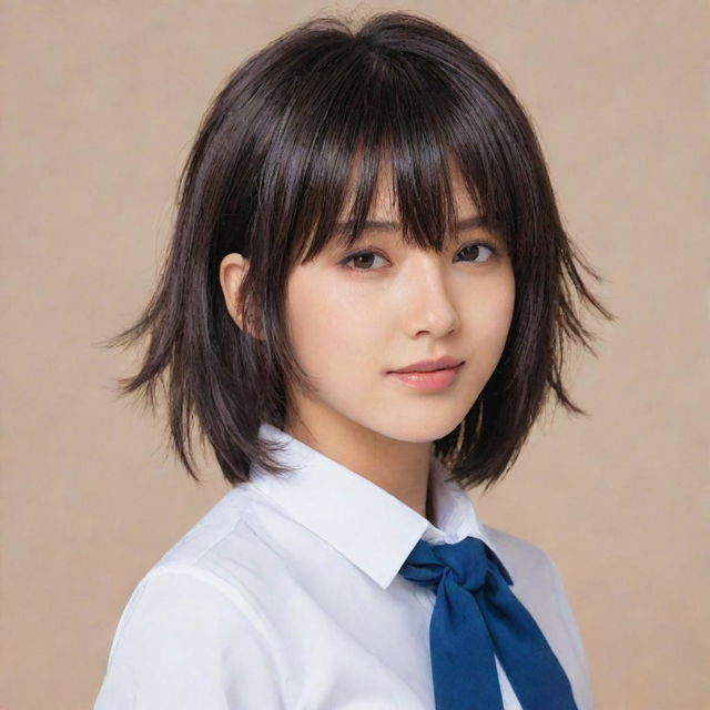 Anime character Urabe from Nazo no Kanojo X, posed dynamically, showcasing her haircut with bangs, school uniform, and her signature drool-covered scissors