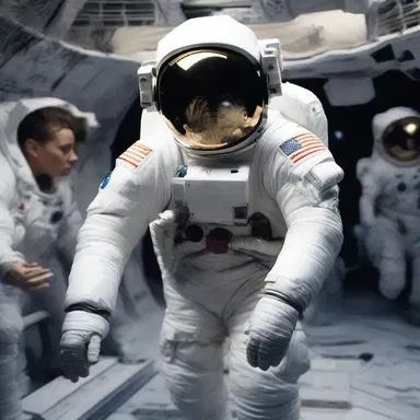 In the science fiction novel, the astronaut falls back from the rest of the crew due to a malfunction in her spacesuit.