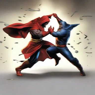 As the hero fought against the villain, he stumbled and started to fall back, but quickly regained his balance.