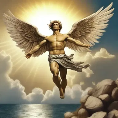 According to Greek mythology, Icarus flew too close to the sun, causing his wings to melt, and he began to fall back towards the earth.
