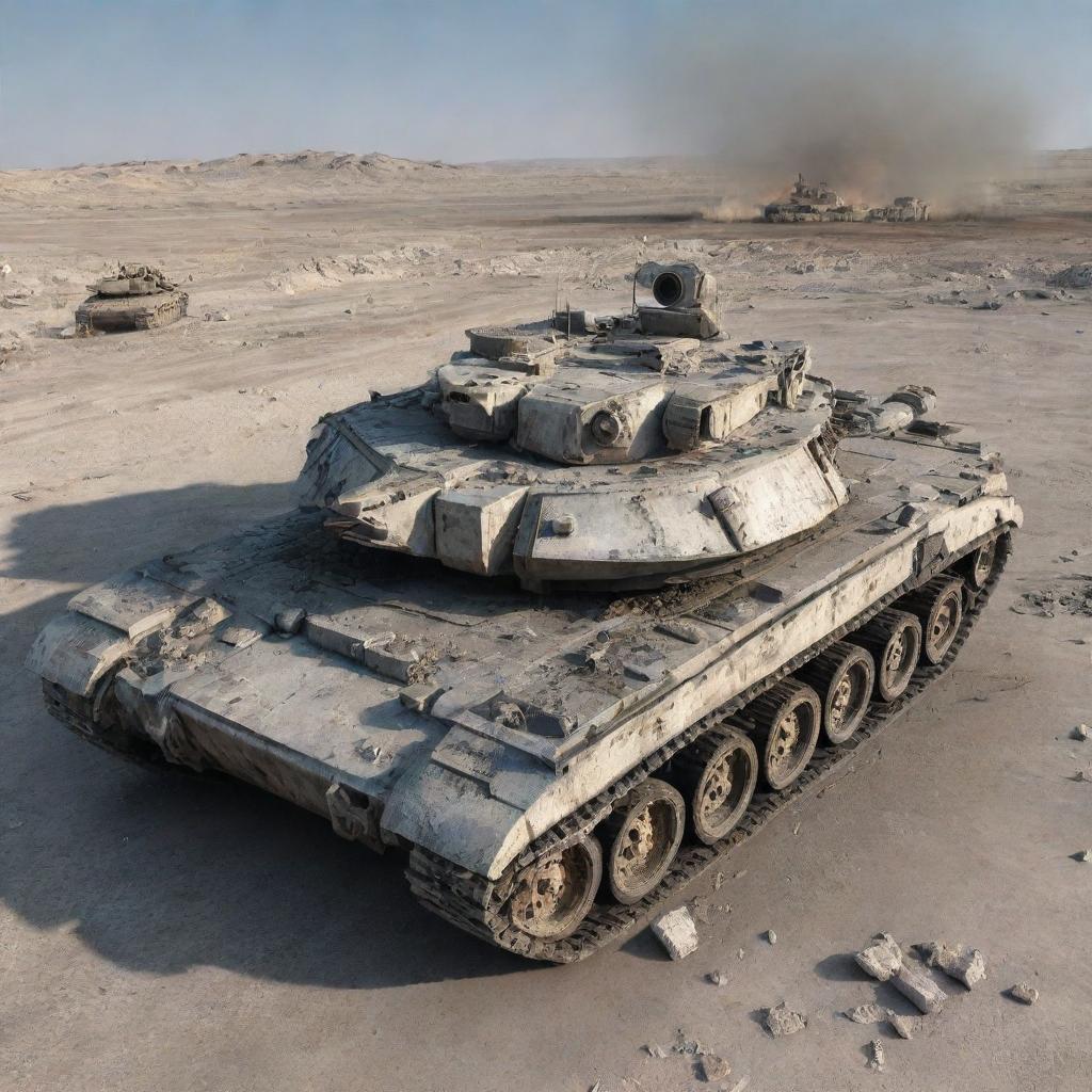 A highly detailed, sharp, and 3D realistic image of a destroyed battle tank.