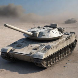 A highly detailed, sharp, and 3D realistic image of a destroyed battle tank.