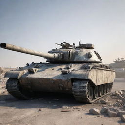 A highly detailed, sharp, and 3D realistic image of a destroyed battle tank.