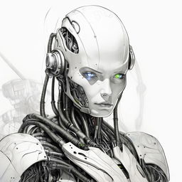 Redesign the image as a black and white pencil sketch, preserving the surrealistic 23rd-century cyborg concept, but transforming the line art style into a more detailed sketch. The cyborg looks directly at the camera against a white background.