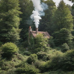 A cosy home tucked away in a lush green forest, with a smoke-emitting chimney, surrounded by towering trees and overgrown foliage in daylight.