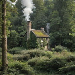 A cosy home tucked away in a lush green forest, with a smoke-emitting chimney, surrounded by towering trees and overgrown foliage in daylight.