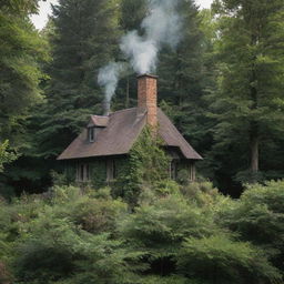 A cosy home tucked away in a lush green forest, with a smoke-emitting chimney, surrounded by towering trees and overgrown foliage in daylight.