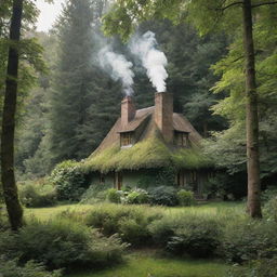 A cosy home tucked away in a lush green forest, with a smoke-emitting chimney, surrounded by towering trees and overgrown foliage in daylight.