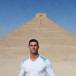 Cristiano Ronaldo posing in front of the historic Ziggurat of Ur in Iraq, under a clear azure sky,