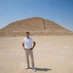 Cristiano Ronaldo posing in front of the historic Ziggurat of Ur in Iraq, under a clear azure sky,