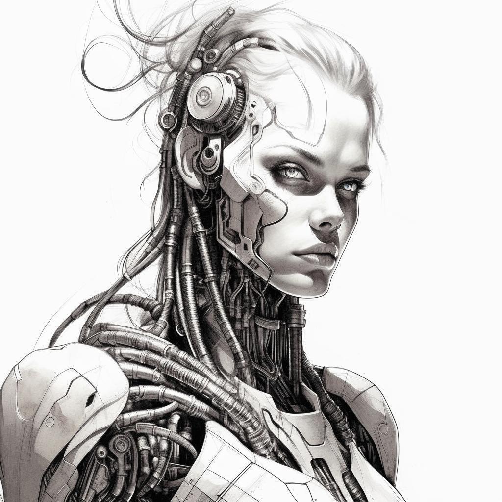 Redesign the image as a black and white pencil sketch, preserving the surrealistic 23rd-century cyborg concept, but transforming the line art style into a more detailed sketch. The cyborg looks directly at the camera against a white background.