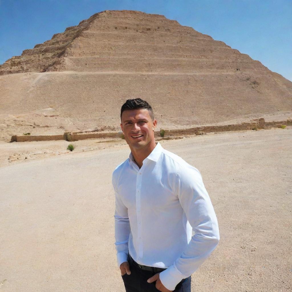 Cristiano Ronaldo posing in front of the historic Ziggurat of Ur in Iraq, under a clear azure sky,