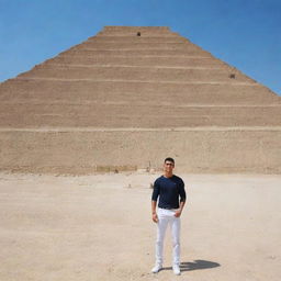 Cristiano Ronaldo posing in front of the historic Ziggurat of Ur in Iraq, under a clear azure sky,