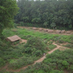 A detailed scene showcasing various forest-based industries in Uttar Pradesh, India, with lush greenery, timber production, bamboo crafts, and herbal medicine manufacturing.