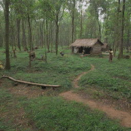 A detailed scene showcasing various forest-based industries in Uttar Pradesh, India, with lush greenery, timber production, bamboo crafts, and herbal medicine manufacturing.