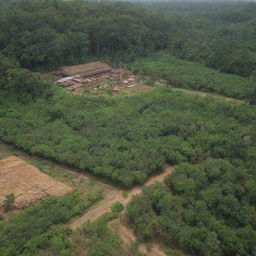 A detailed scene showcasing various forest-based industries in Uttar Pradesh, India, with lush greenery, timber production, bamboo crafts, and herbal medicine manufacturing.