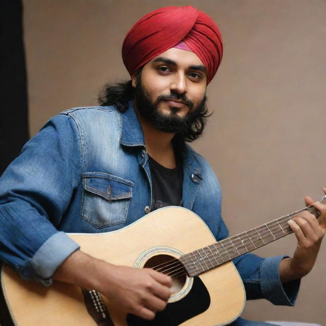 Generate an artwork of Sidhu Moosewala, a well-recognized Punjabi singer and songwriter, in a recording studio while playing a guitar.