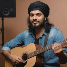 Generate an artwork of Sidhu Moosewala, a well-recognized Punjabi singer and songwriter, in a recording studio while playing a guitar.