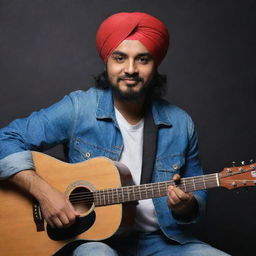 Generate an artwork of Sidhu Moosewala, a well-recognized Punjabi singer and songwriter, in a recording studio while playing a guitar.