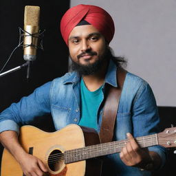 Generate an artwork of Sidhu Moosewala, a well-recognized Punjabi singer and songwriter, in a recording studio while playing a guitar.