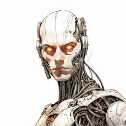 Modify the pencil sketch to resemble a less detailed and less realistic comic book character. Keep the surrealistic 23rd century cyborg concept, but craft it in an illustrative style typical of comic books. The figure continues to gaze at the camera on a white background.