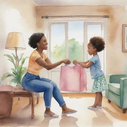 A watercolor style cartoon reimagining of image 118889.bin, showing an African woman pulling something from her bag in the living room, with her young daughter watching in excitement.