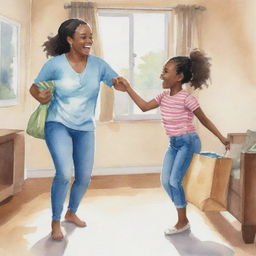 A watercolor style cartoon reimagining of image 118889.bin, showing an African woman pulling something from her bag in the living room, with her young daughter watching in excitement.