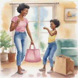 A watercolor style cartoon reimagining of image 118889.bin, showing an African woman pulling something from her bag in the living room, with her young daughter watching in excitement.